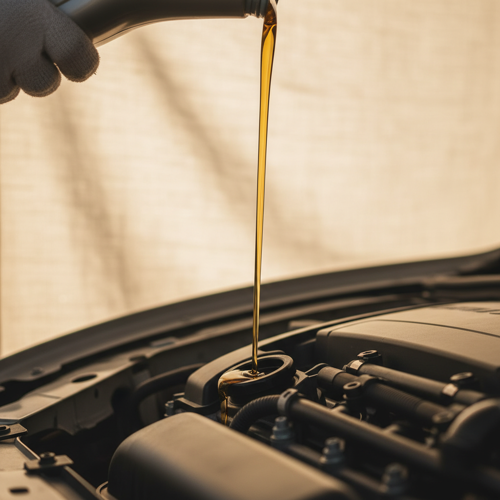 fresh motor oil being poured into an engine, golden liquid flow close-up