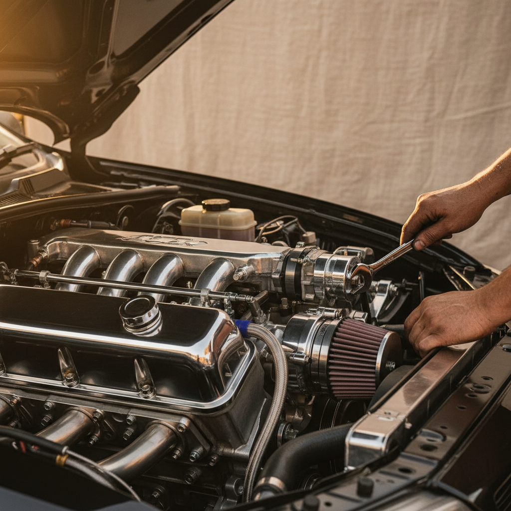 car engine bay close-up with clean components under good light, mechanic's perspective